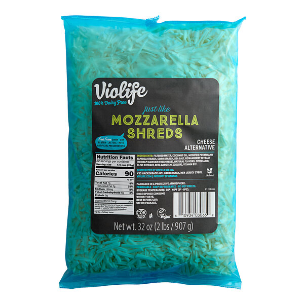A package of Violife Just Like Mozzarella Vegan Cheese Shreds on a white background.