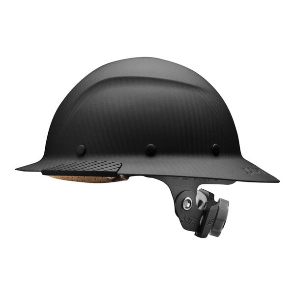 A black Lift Safety Dax carbon fiber hard hat with a metal buckle.