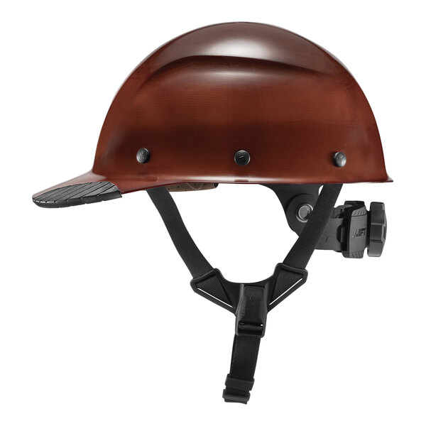 A brown Lift Safety helmet with a black chin strap.