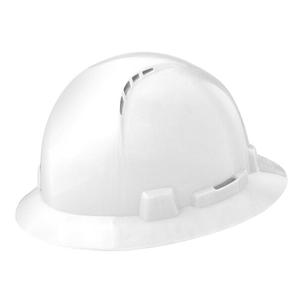 A white Lift Safety hard hat with a vented full brim and 4-point ratchet suspension.