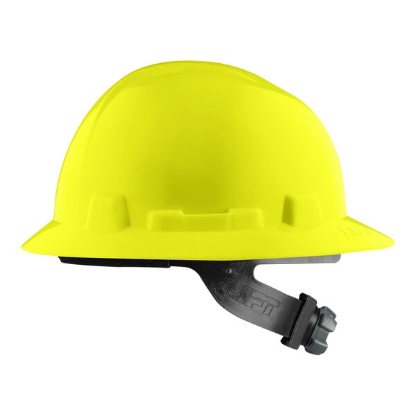 A yellow Lift Safety hard hat with a black 4-point ratchet suspension strap.