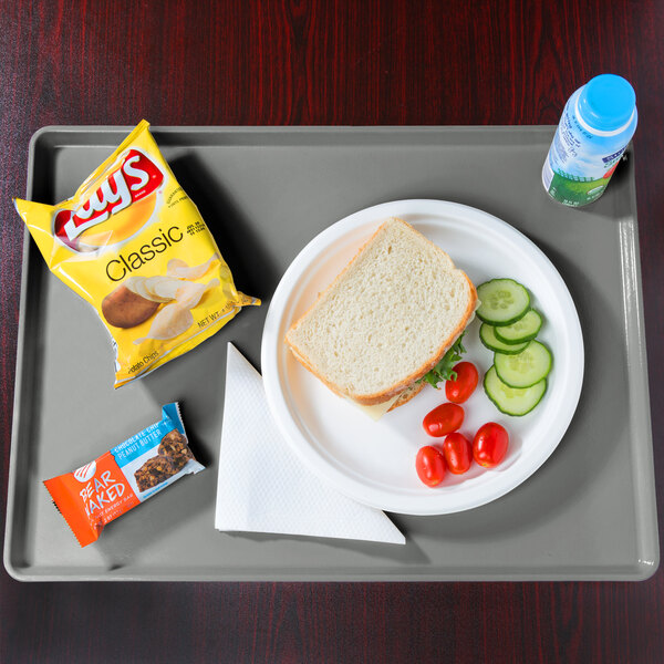 A Cambro dietary tray with a sandwich, chips, and a drink on it.