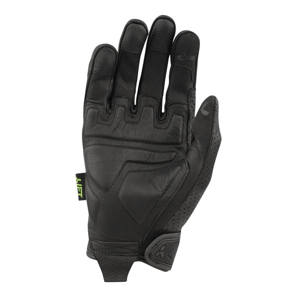 A black Lift Safety warehouse glove with a green logo on the wrist and white Thinsulate lining on the thumb and index finger.