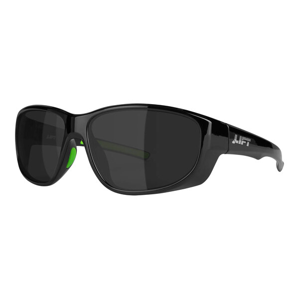 A close up of Lift Safety Guardian safety glasses with smoke lenses and a black frame.