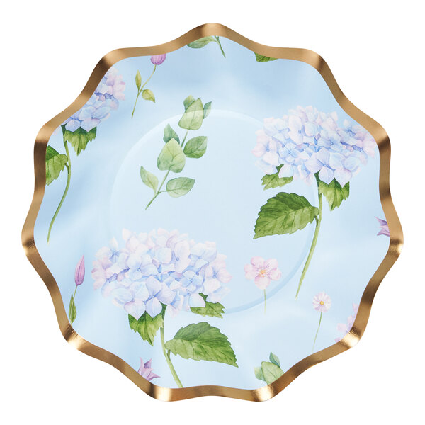 A white Sophistiplate paper bowl with blue hydrangeas on it.