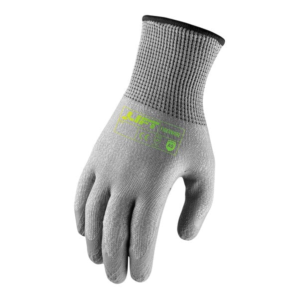 A grey Lift Safety glove with green text.