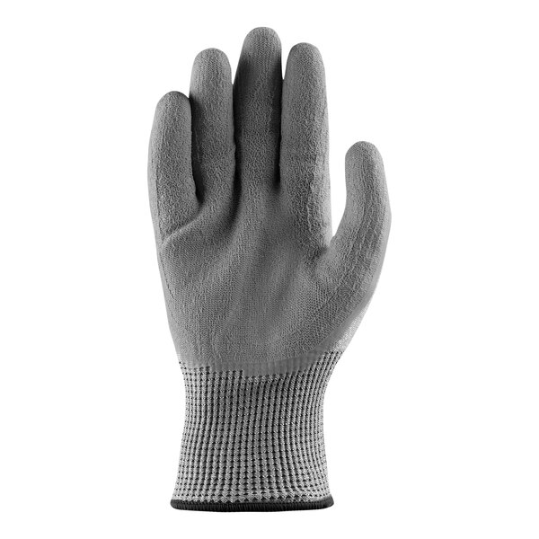 A grey Lift Safety warehouse glove with a black and white band.
