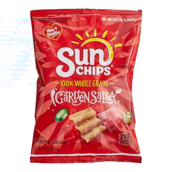 A red and white bag of Sun Chips Garden Salsa Whole Grain Chips.