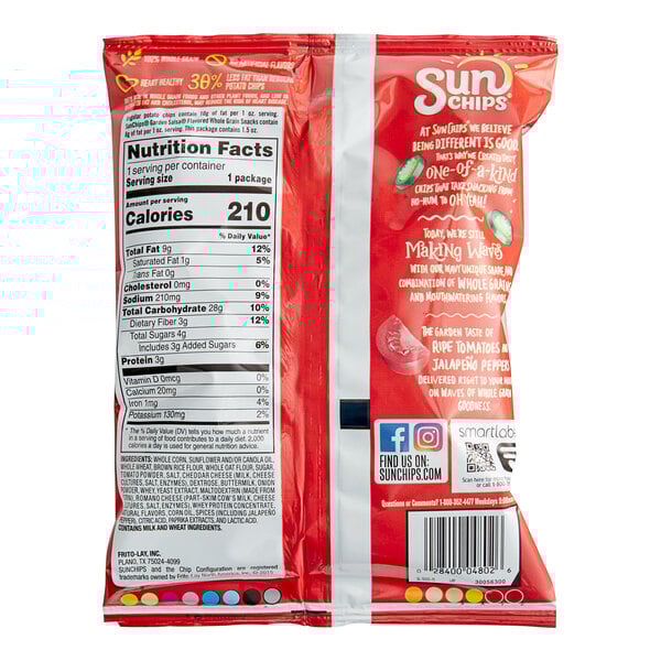 A case of 64 Sun Chips Garden Salsa 1.5 oz. bags with a red and white bag.