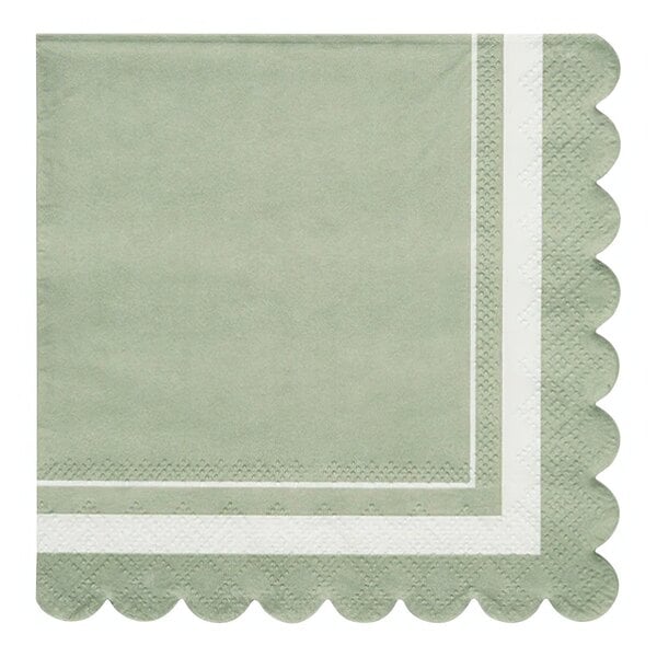 A green Sophistiplate paper cocktail napkin with white scalloped edges.