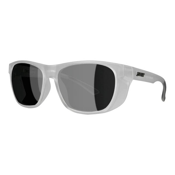 A pair of Lift Safety Tracker safety glasses with a white frame and mirror lenses.