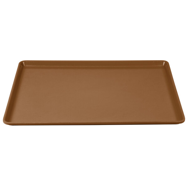 A close-up of a brown rectangular Cambro dietary tray.