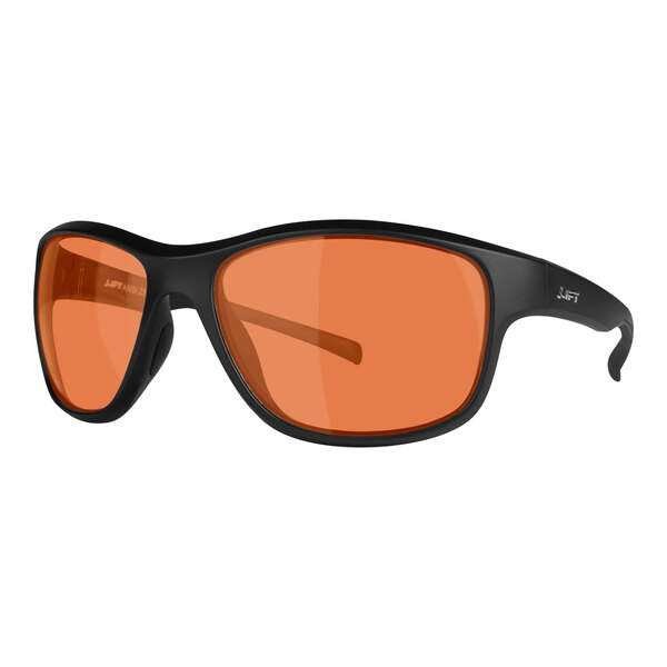 A close up of Lift Safety Delamo Safety Glasses with amber lenses.