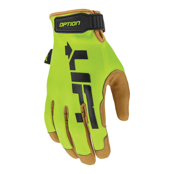 A close-up of a yellow and black Lift Safety warehouse glove with a brown lining.