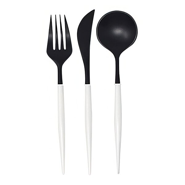 A white case of Sophistiplate Bella black and white plastic cutlery with black accents.