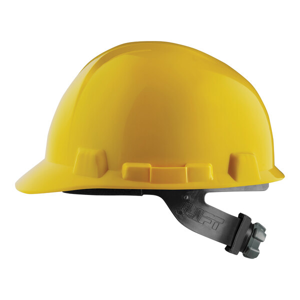 A yellow Lift Safety hard hat with a black suspension strap.