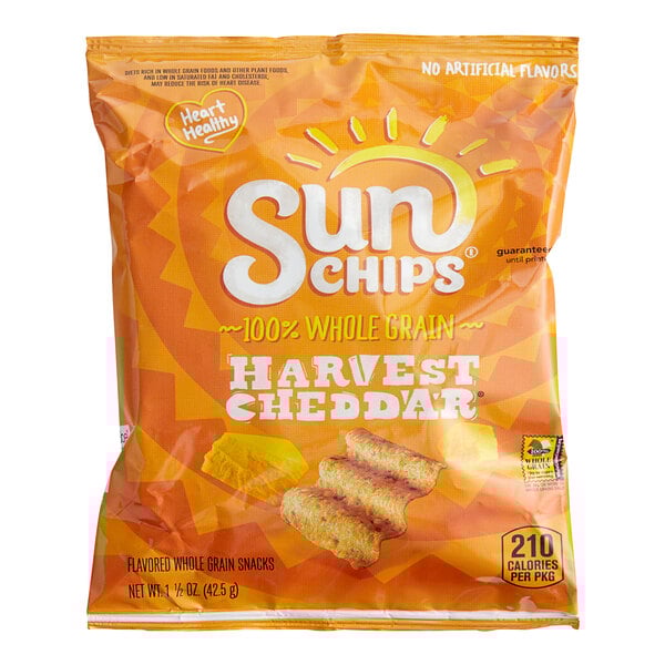 A case of 64 bags of Sun Chips Harvest Cheddar chips.