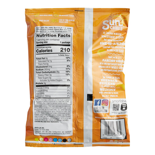 A case of 64 Sun Chips Harvest Cheddar 1.5 oz. bags with nutrition label.