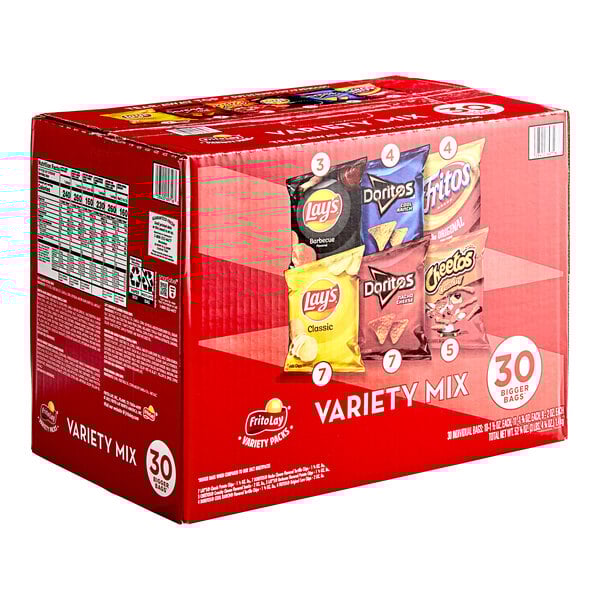 A white Frito-Lay box filled with a variety of chips and snacks.