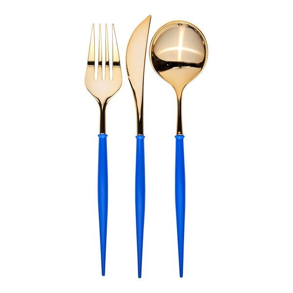 Sophistiplate plastic cutlery in blue and gold packaging with a black cap.