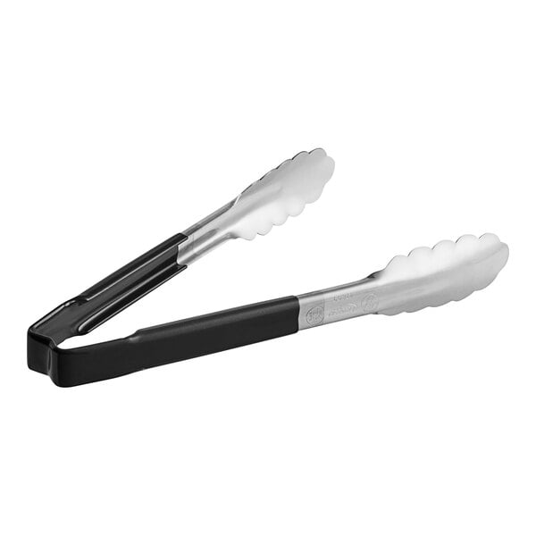 Vollrath stainless steel tongs with black Kool-Touch handle.