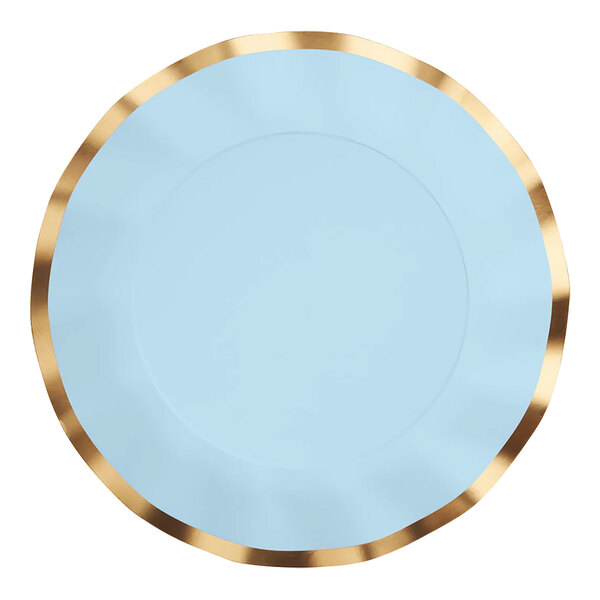 A close up of a sky blue Sophistiplate wavy paper dinner plate with a white design.
