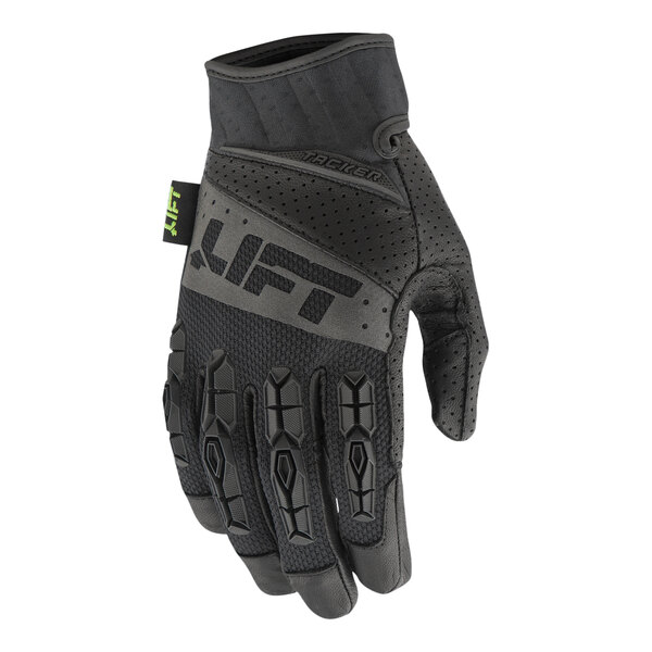 A black Lift Safety warehouse glove with a grey palm and white background.