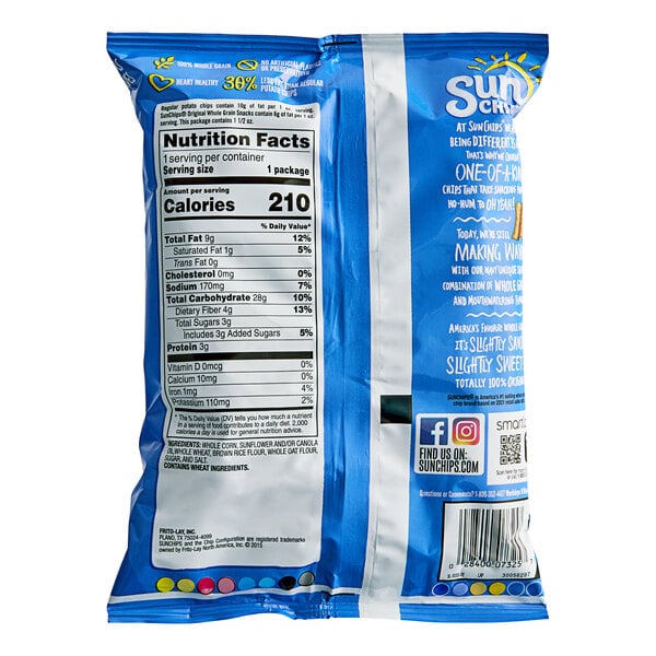 A close up of a blue Sun Chips bag.