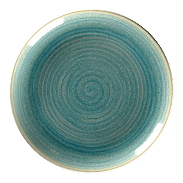 A close-up of a RAK Porcelain blue and white swirl on a plate.