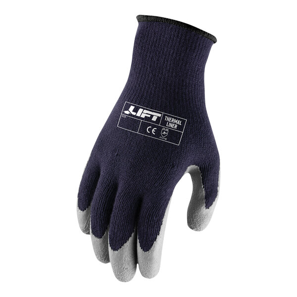 A pair of Lift Safety gloves with a blue and grey crinkle latex palm coating.