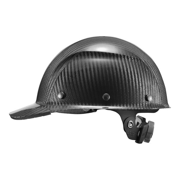 A black hard hat with a carbon fiber brim.