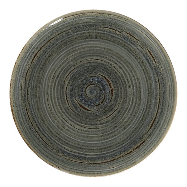 A peridot porcelain coupe plate with a spiral design on the surface.