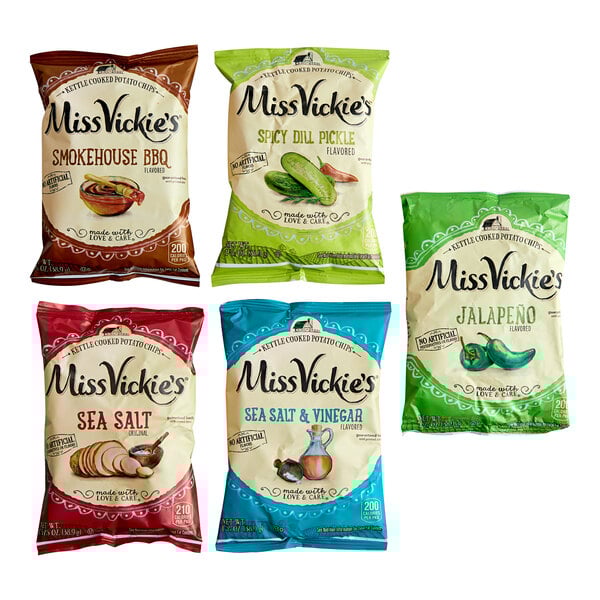 A variety pack of Miss Vickie's kettle cooked potato chips in five different flavors.
