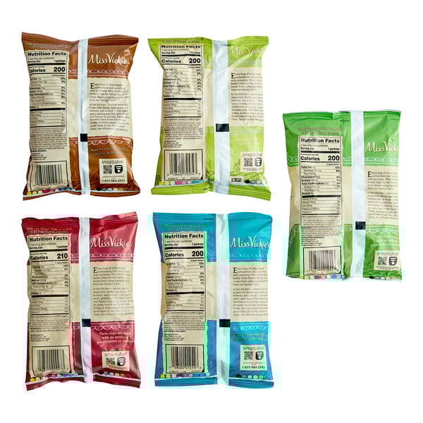 A variety pack of Miss Vickie's Kettle Potato Chips in assorted flavors, shown from the back.