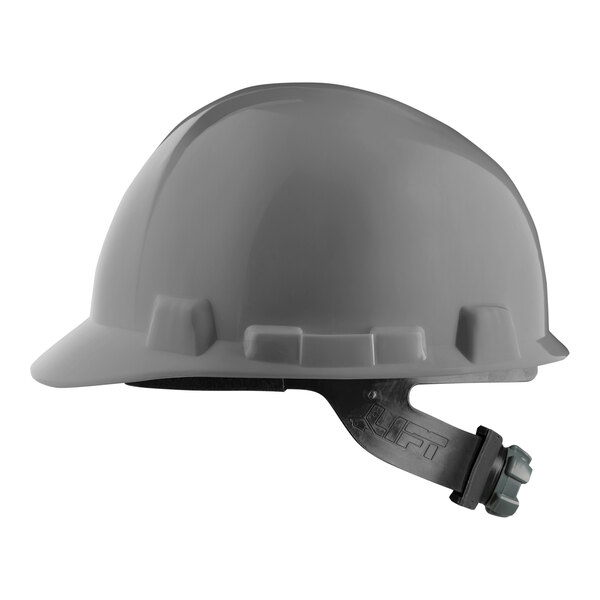 A Lift Safety Briggs gray hard hat with a black ratchet strap.