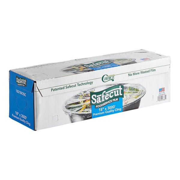 A white box with a blue label for Choice Safecut Premium Foodservice Film on a counter.