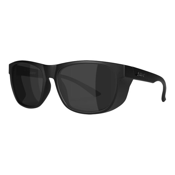 Lift Safety Tracker safety glasses with matte black frames and smoke lenses.