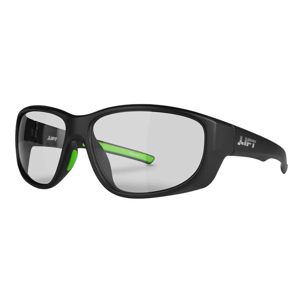 Lift Safety Guardian safety glasses in matte black with green accents and clear lenses.