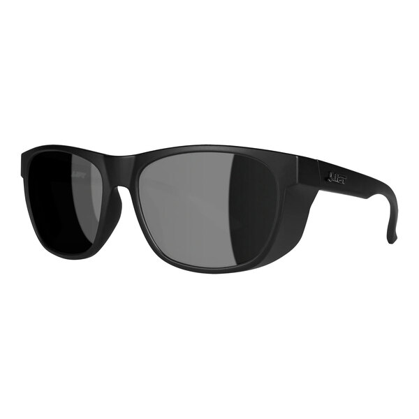 Lift Safety Tracker safety glasses with black frames and mirror lenses.
