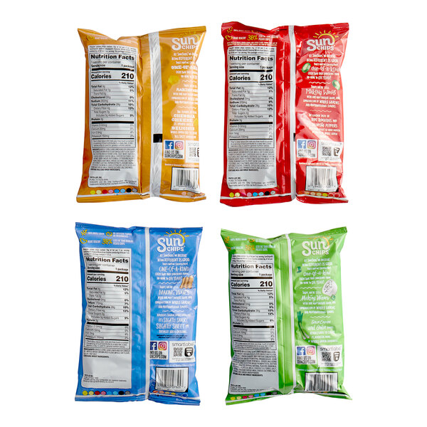 A case of Sun Chips whole grain chips with 15 bags each of red, blue, green, and white bags of chips.