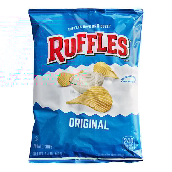 A blue bag of Ruffles Original ridged potato chips.