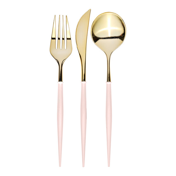 Sophistiplate Bella Gold and Blush plastic cutlery, including forks, knives, and spoons with gold and pink accents.