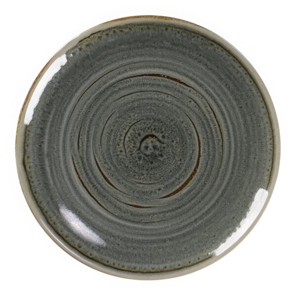 A grey Rakstone porcelain plate with a swirl pattern.