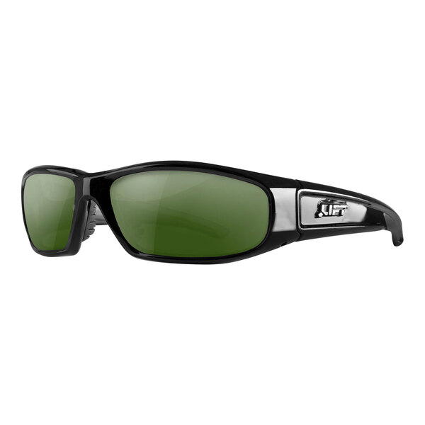 A close up of Lift Safety Switch Safety Glasses in gloss black with IR3 welding lenses.