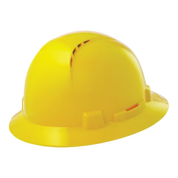 A yellow Lift Safety hard hat with a full brim and ratchet suspension.