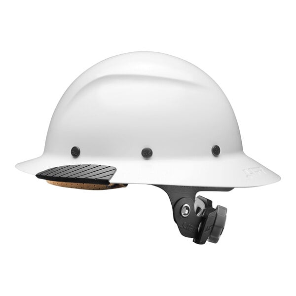 A white hard hat with black straps.