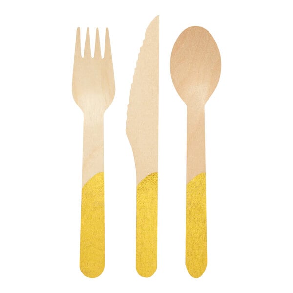 Sophistiplate birchwood cutlery set with gold handles.