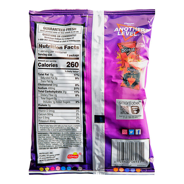 A close up of a purple Doritos bag with white and black text.