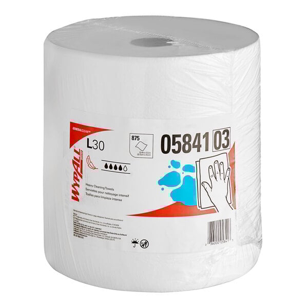 A roll of white WypAll L30 industrial wipers with the label on it.