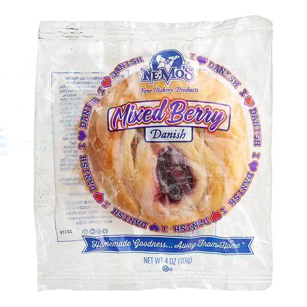 A package of Ne-Mo's Bakery Mixed Berry Danish on a white background.